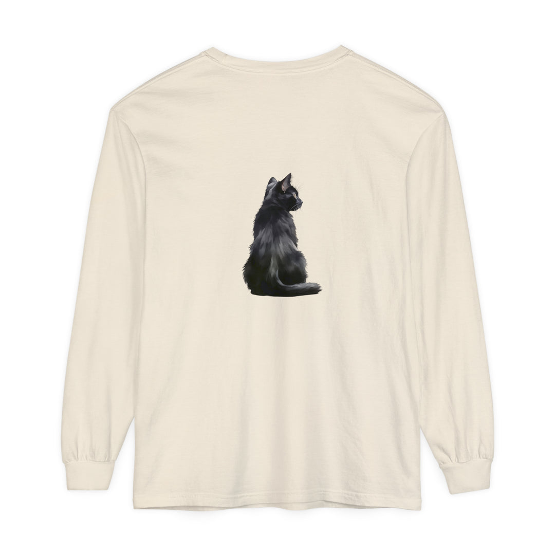 Close-up image of a black cat patterned long sleeve t-shirt