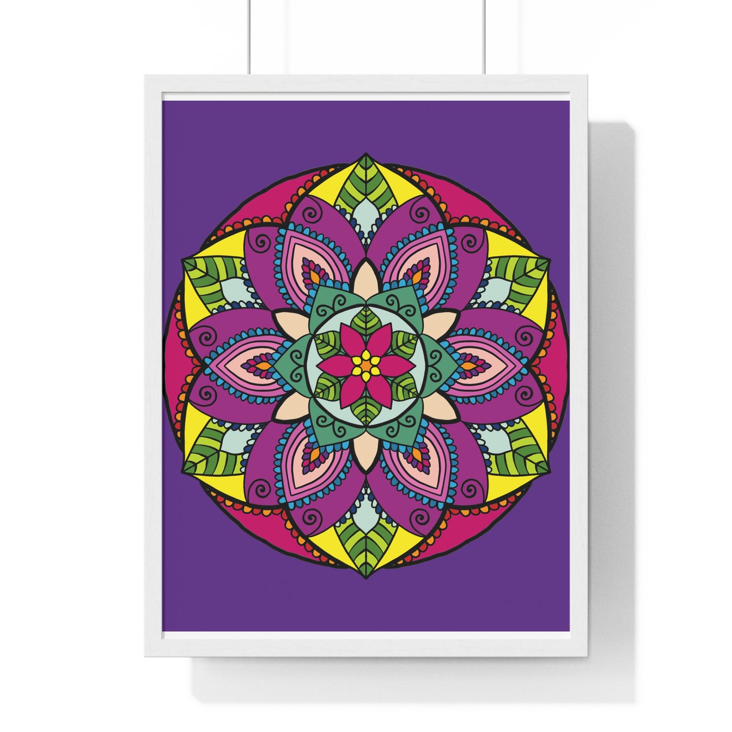 Vertical framed poster with intricate purple mandala art, hand-drawn for mindfulness and yoga inspiration