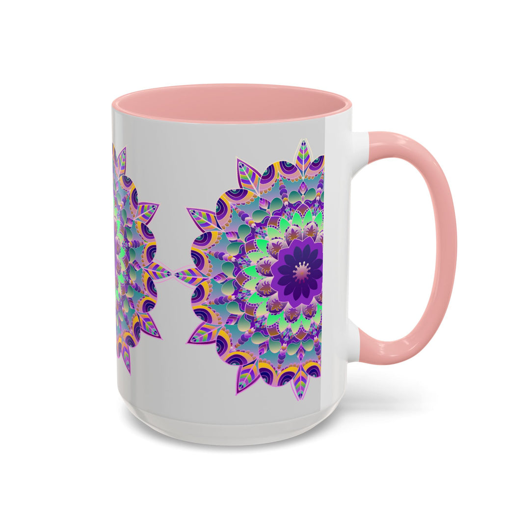 Beautiful light grey mug with a vibrant mandala art design