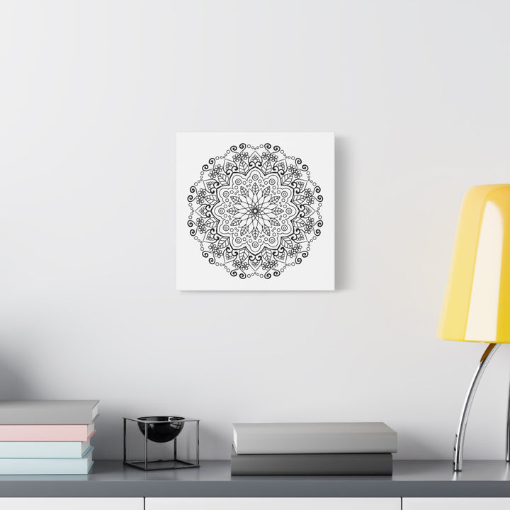 Handmade Mandala Art in black and white, printed on matte canvas, stretched and ready to hang on your wall