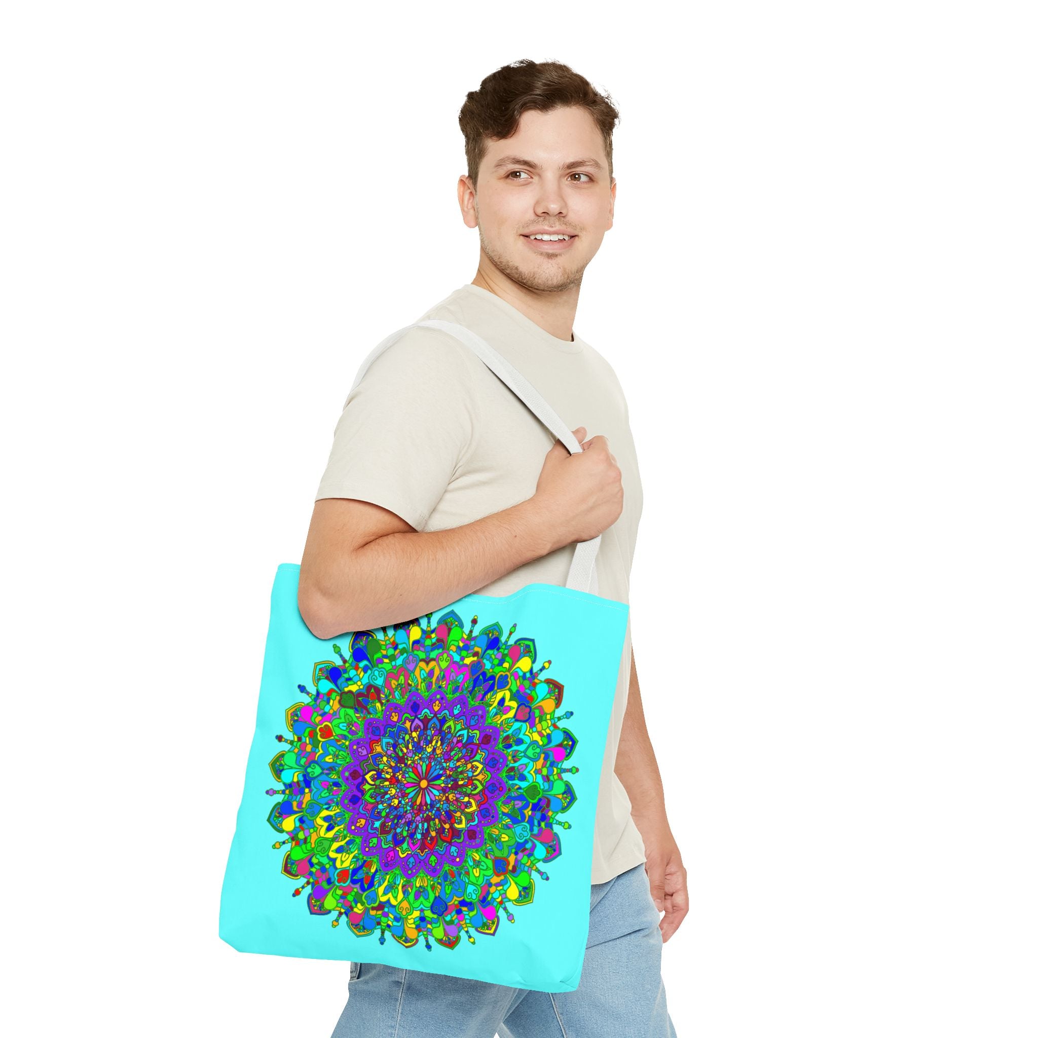 Unique tote bag adorned with a colorful and detailed mandala design