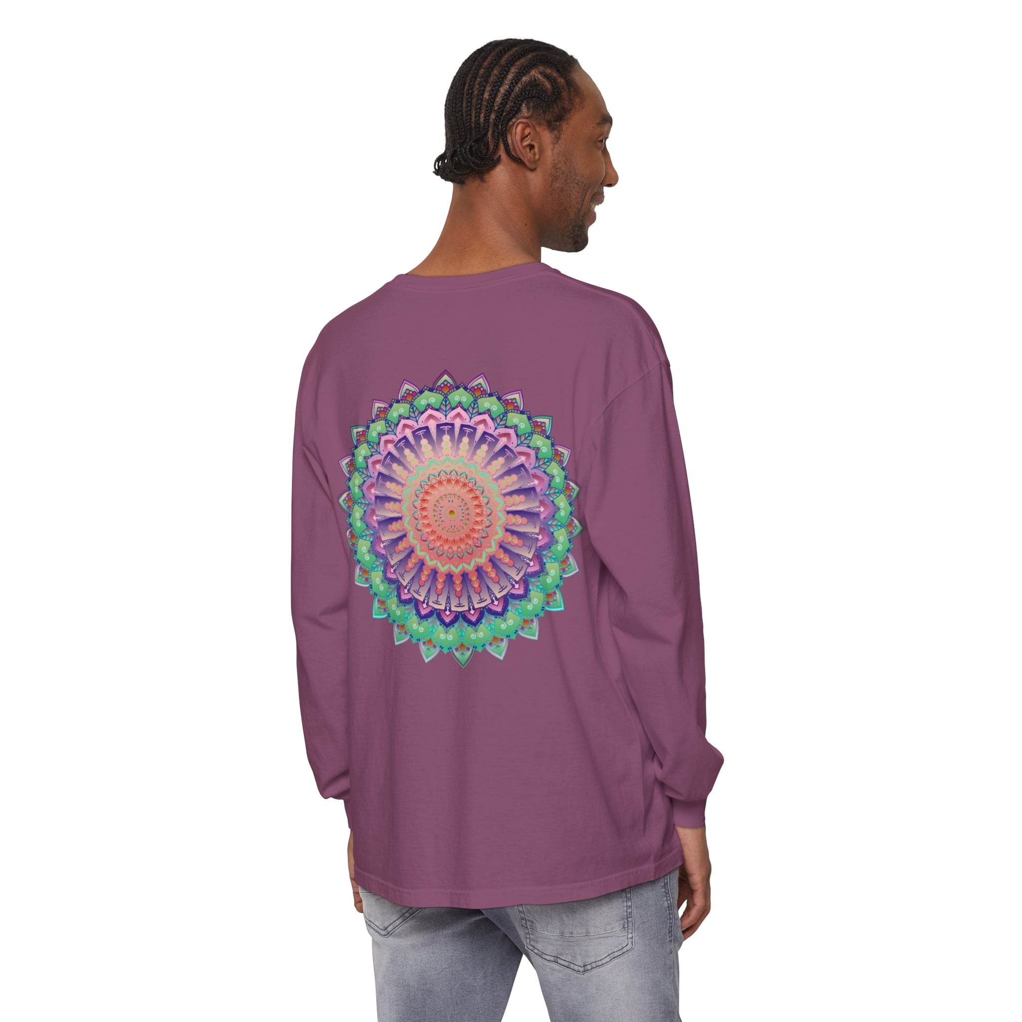 Colorful and intricate mandala design long sleeve t-shirt, suitable for both men and women