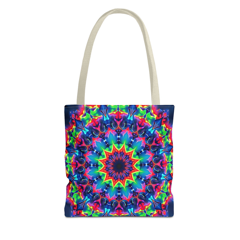 Colorful psychedelic mandala tote bag with intricate patterns and vibrant hues