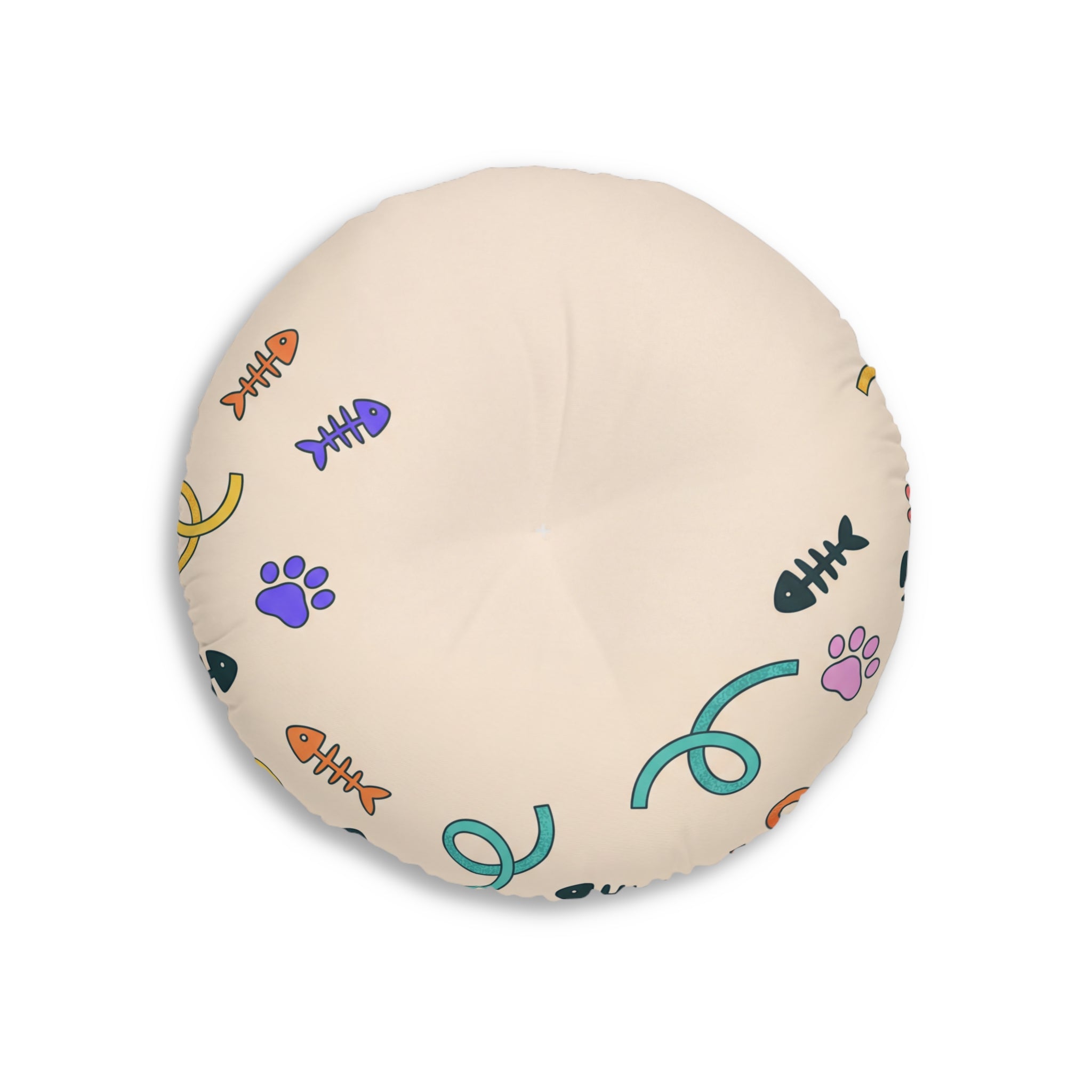 Round Tufted Floor Pillow — Grinning Rainbow Cat Cartoon with Paw Icons