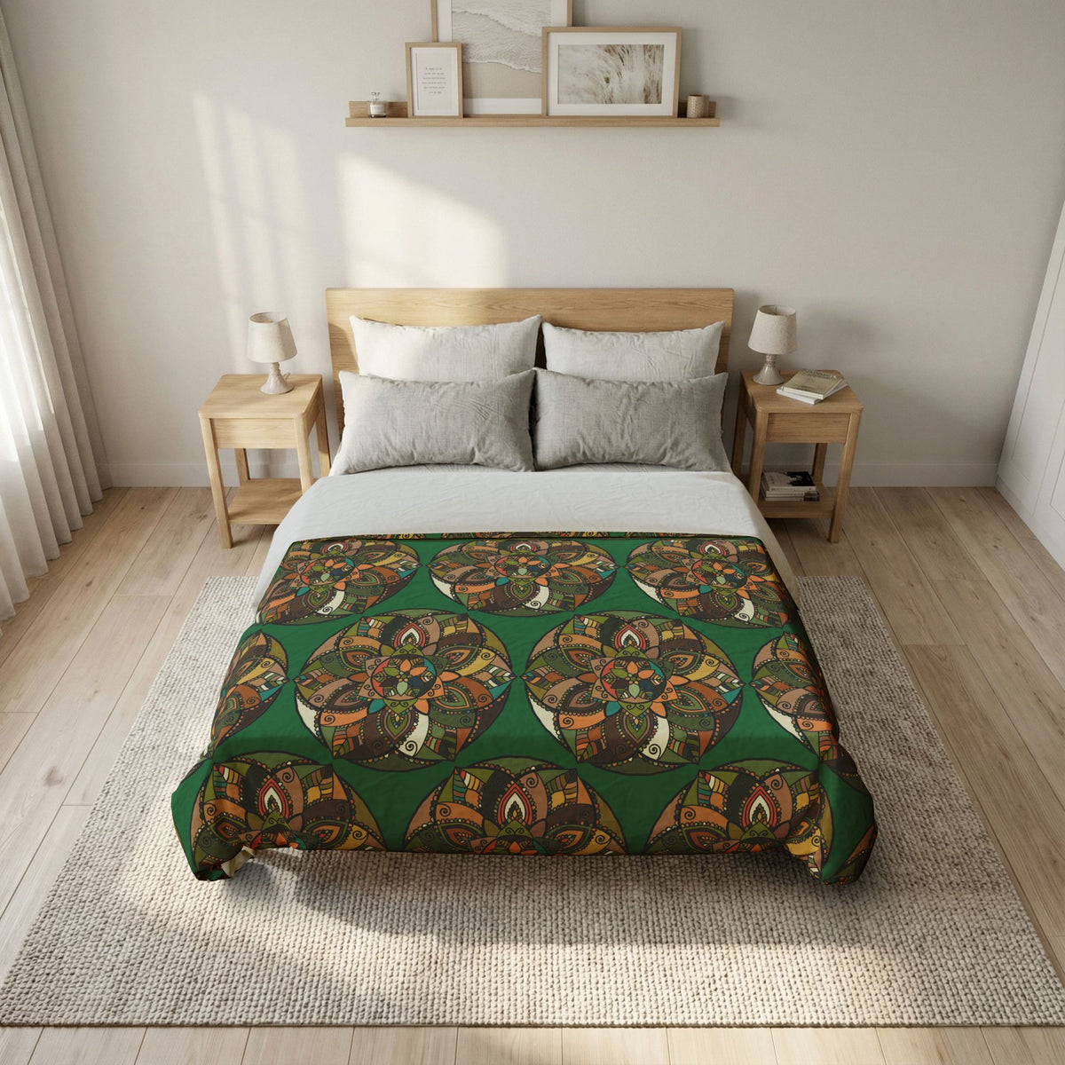 Bohemian Mandala Cotton Duvet Cover — Green Floral Geometric Bedding