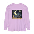 A comfortable and stylish Sleepy Cat Night Sky T-Shirt with a cute cat sleeping under the stars on a soft, navy blue fabric