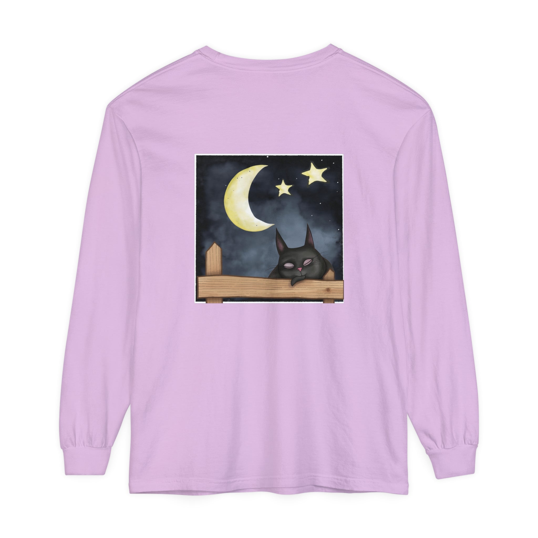 A comfortable and stylish Sleepy Cat Night Sky T-Shirt with a cute cat sleeping under the stars on a soft, navy blue fabric