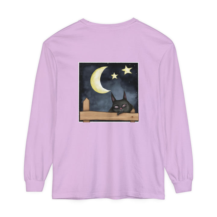 A comfortable and stylish Sleepy Cat Night Sky T-Shirt with a cute cat sleeping under the stars on a soft, navy blue fabric