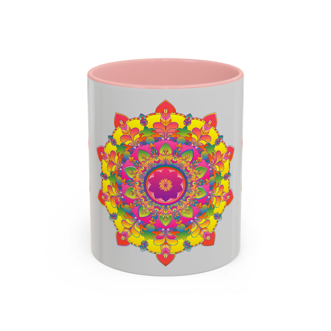 Elegant and stylish Mandala Mug - Vibrant Art on Grey with a beautiful and intricate mandala design