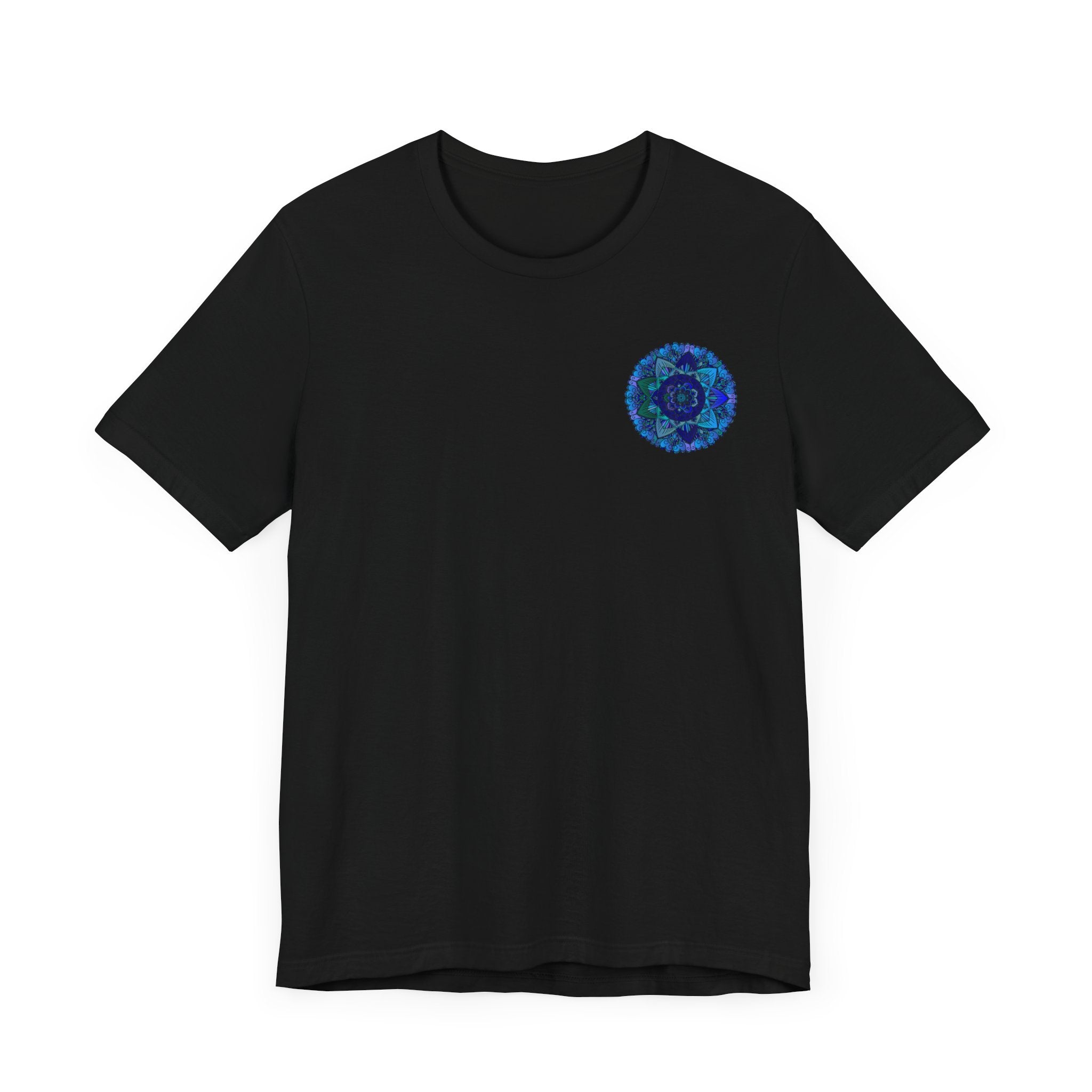 Beautiful blue mandala t-shirt featuring intricate spiritual design for peace and harmony