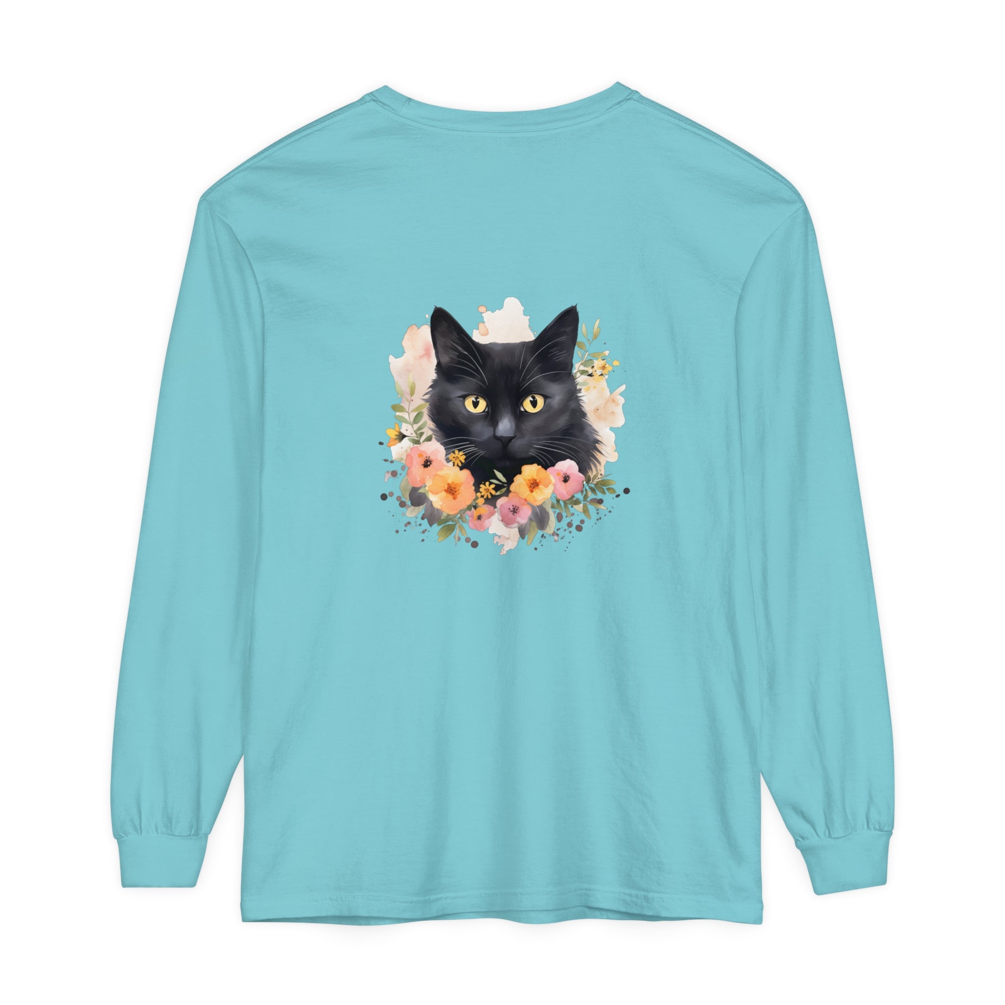 Black Cat Floral Portrait Unisex T-Shirt featuring a majestic feline surrounded by vibrant flowers in a beautiful, eye-catching design