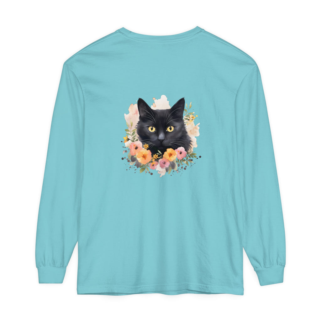 Black Cat Floral Portrait Unisex T-Shirt featuring a majestic feline surrounded by vibrant flowers in a beautiful, eye-catching design