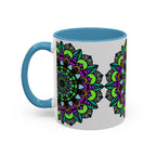 Colorful ceramic mandala art mug with intricate and vibrant design
