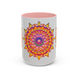 A beautiful mandala art mug with a colorful floral design, perfect for your morning coffee or tea