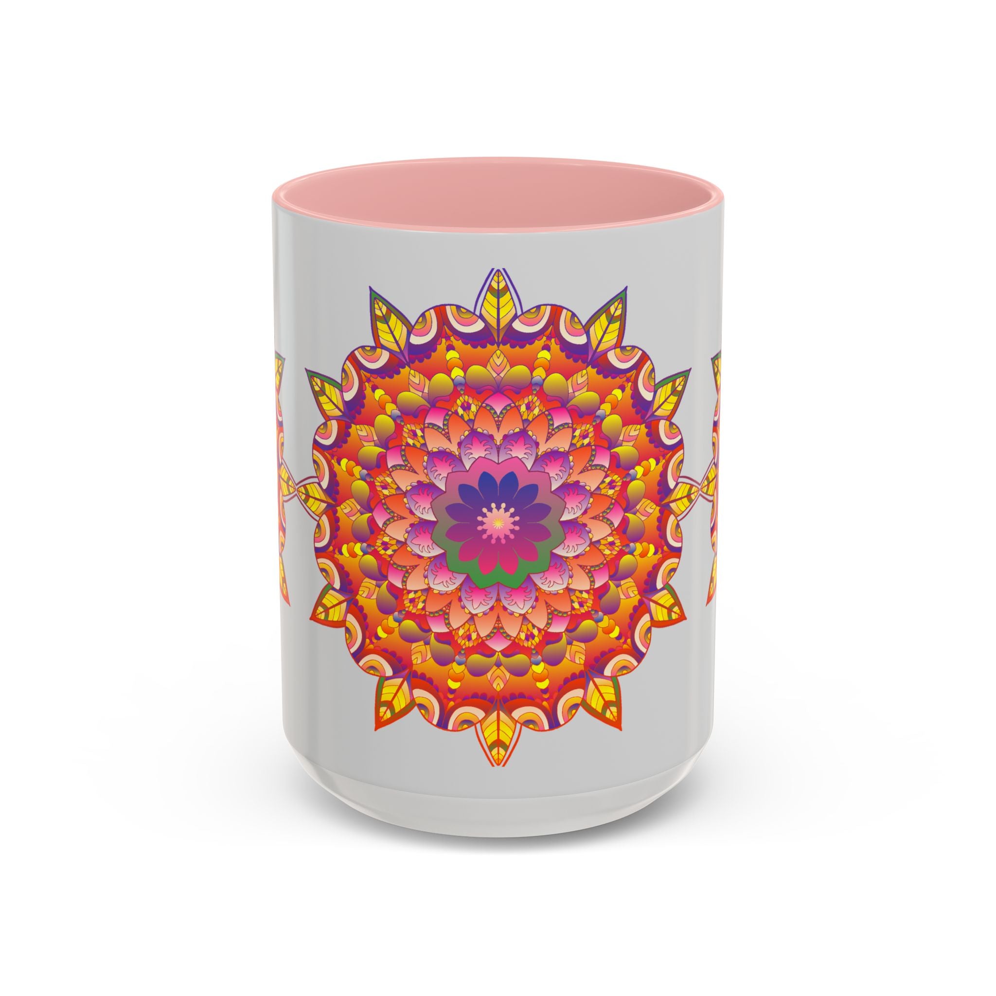 A beautiful mandala art mug with a colorful floral design, perfect for your morning coffee or tea