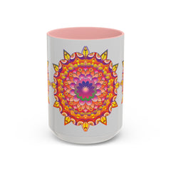 A beautiful mandala art mug with a colorful floral design, perfect for your morning coffee or tea