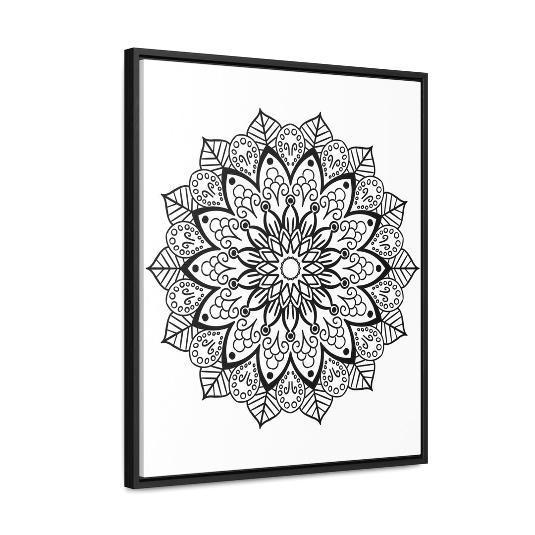 Handmade black and white mandala art on gallery canvas wrap, displayed in a vertical frame for wall decor