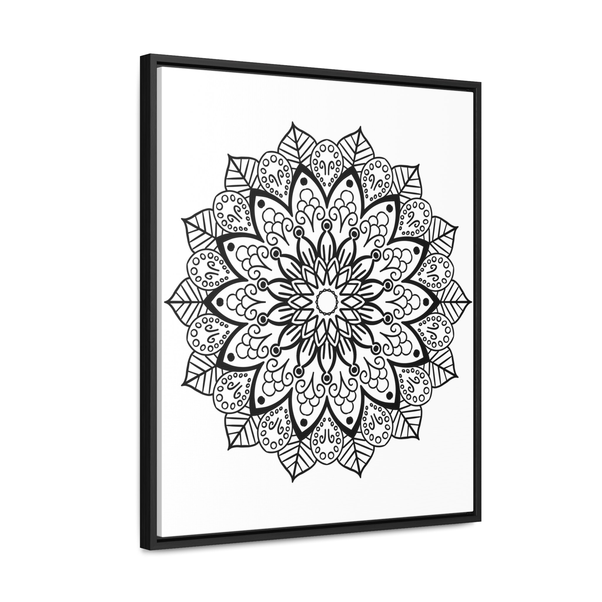 Handmade black and white mandala art on gallery canvas wrap, displayed in a vertical frame for wall decor