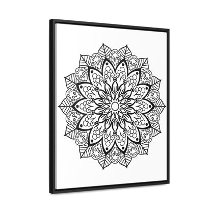 Handmade black and white mandala art on gallery canvas wrap, displayed in a vertical frame for wall decor