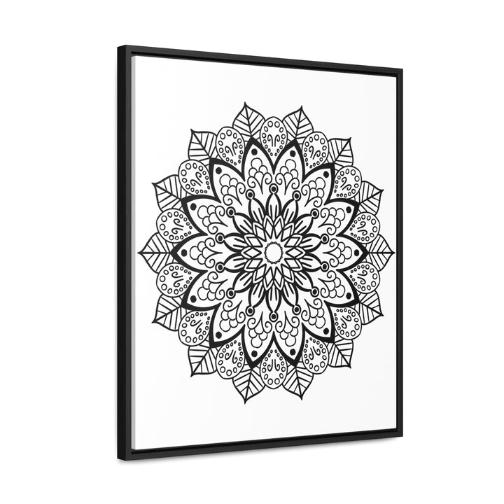 Handmade black and white mandala art on gallery canvas wrap, displayed in a vertical frame for wall decor