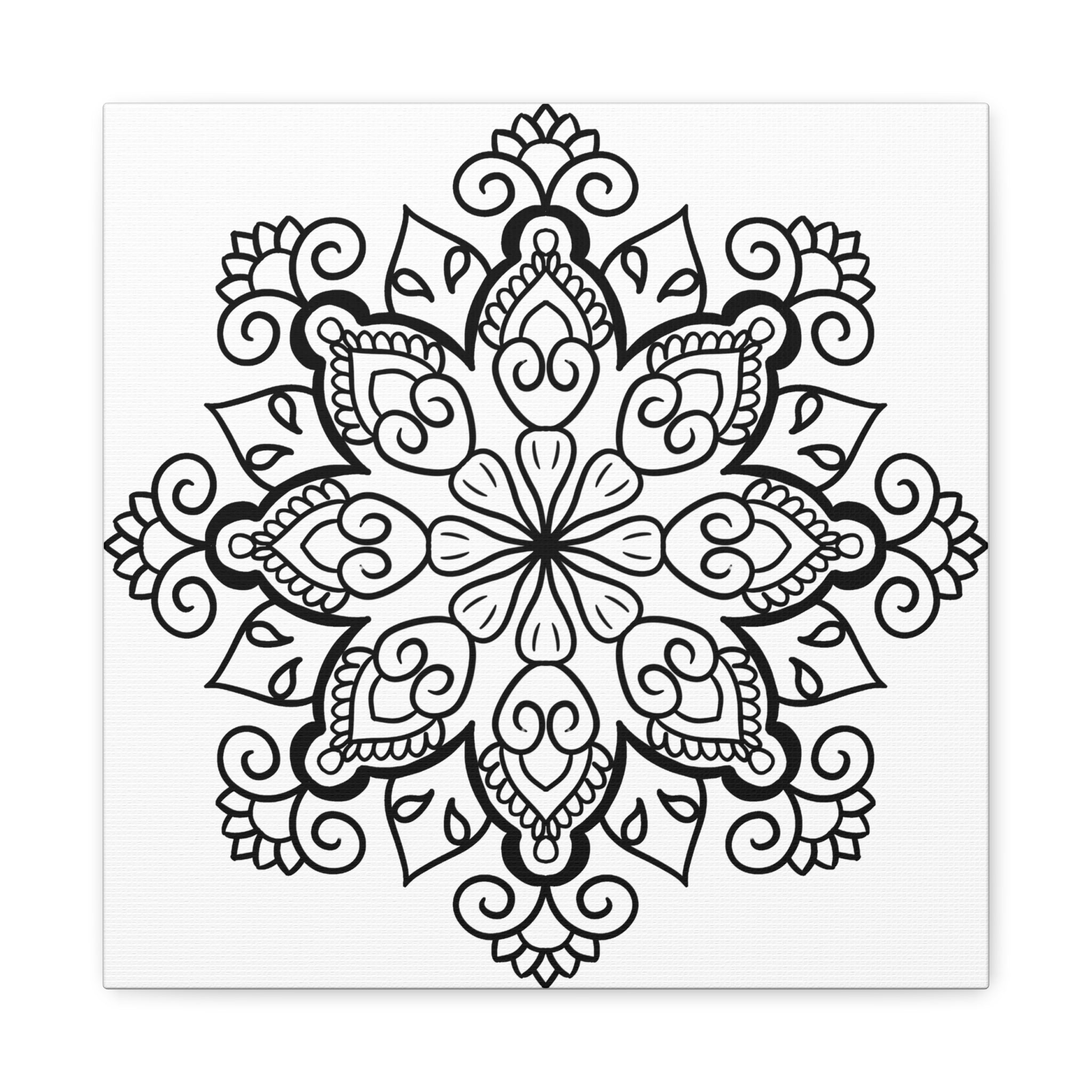 Handmade black and white mandala art on matte canvas, stretched, 125 inch