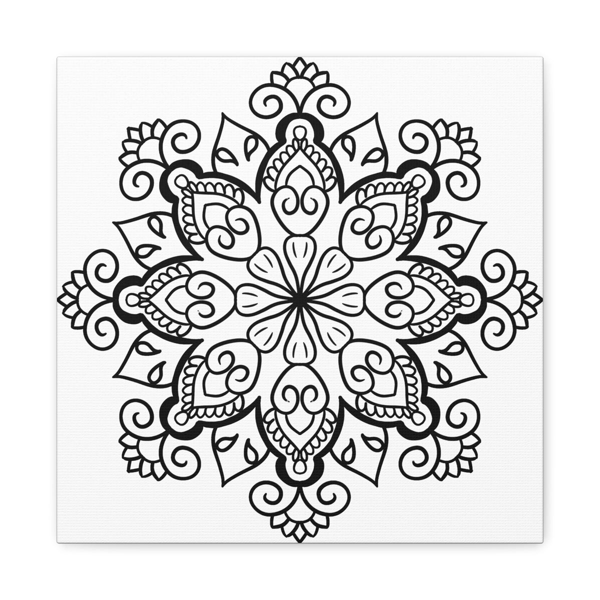 Handmade black and white mandala art on matte canvas, stretched, 125 inch