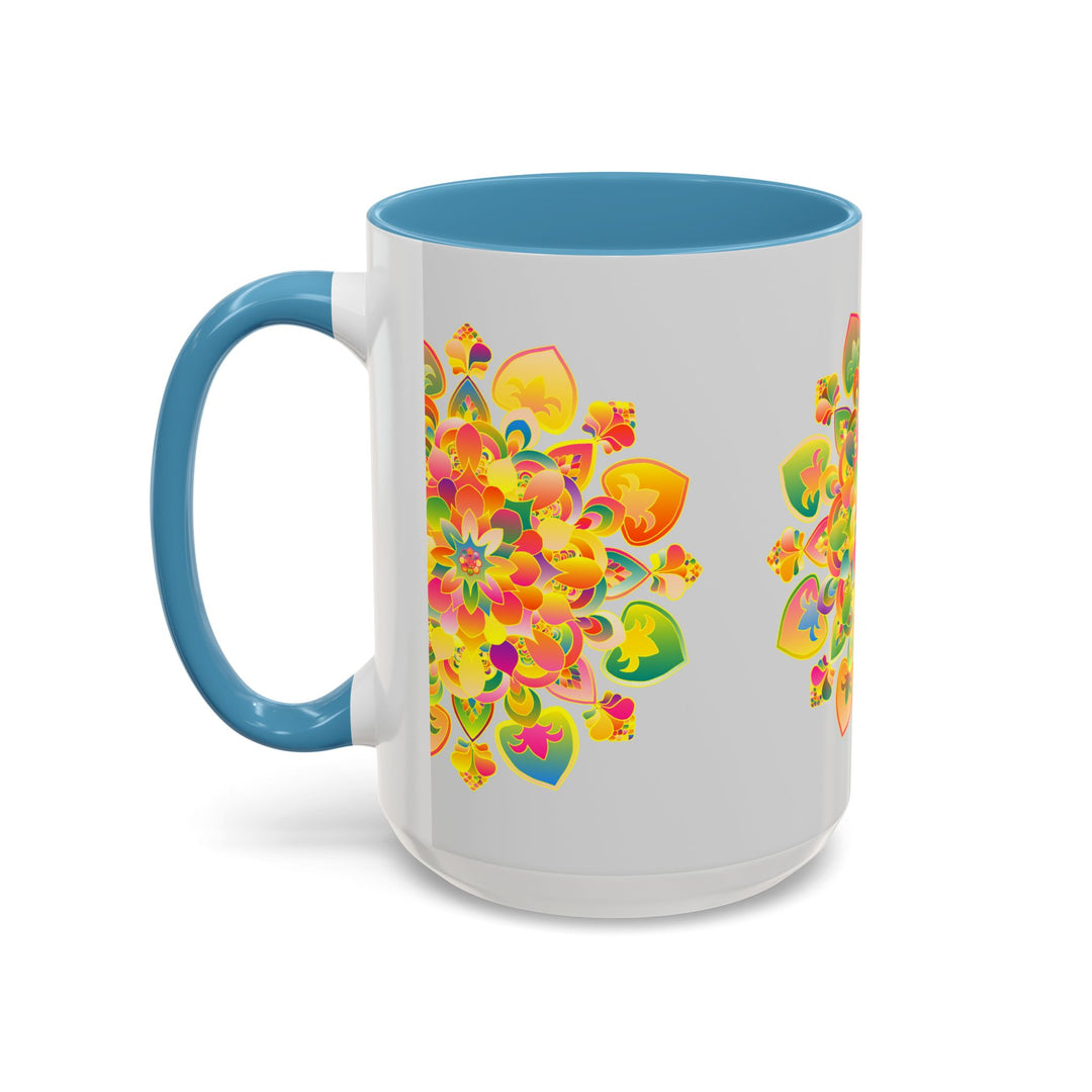 Colorful mandala art mug with intricate floral patterns and vibrant colors