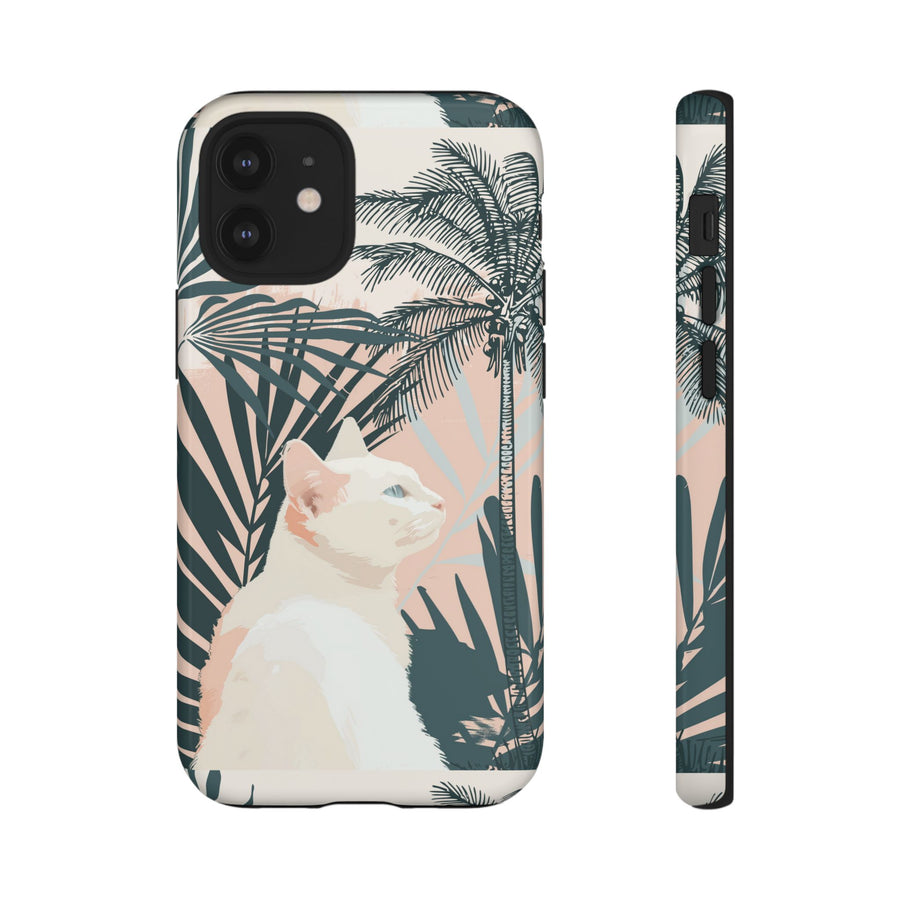 Tropical Cat Phone Case with Lush Palm Motifs and Soft Pastels