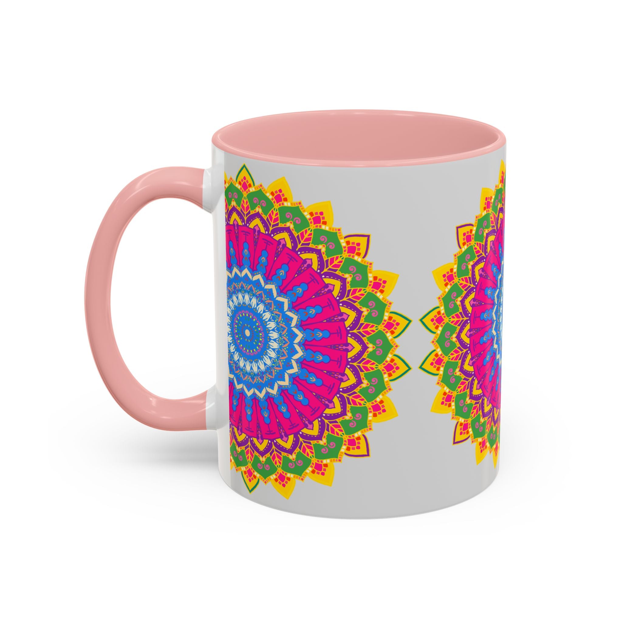 A ceramic mug with a colorful geometric mandala art design