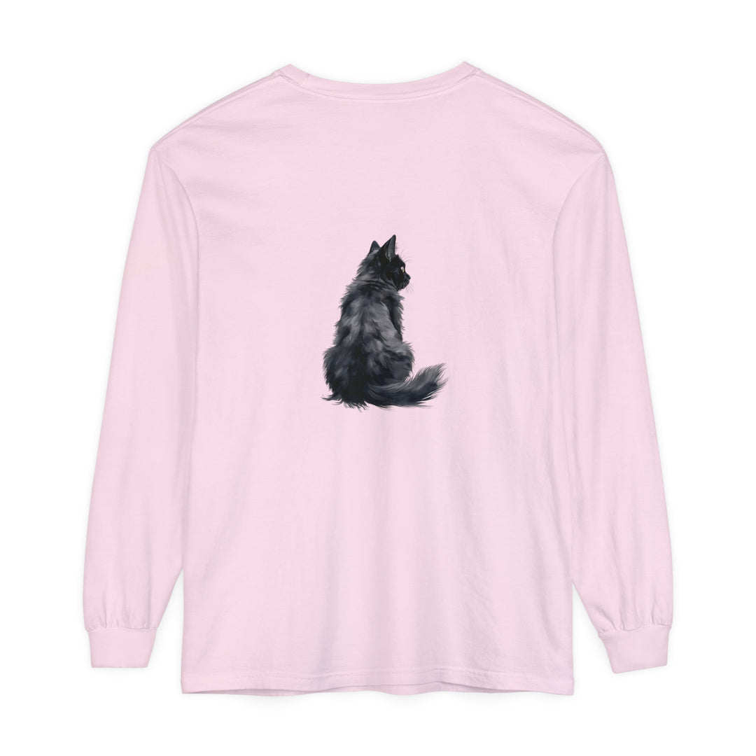 Black cat silhouette unisex long sleeve t-shirt with moon and stars design