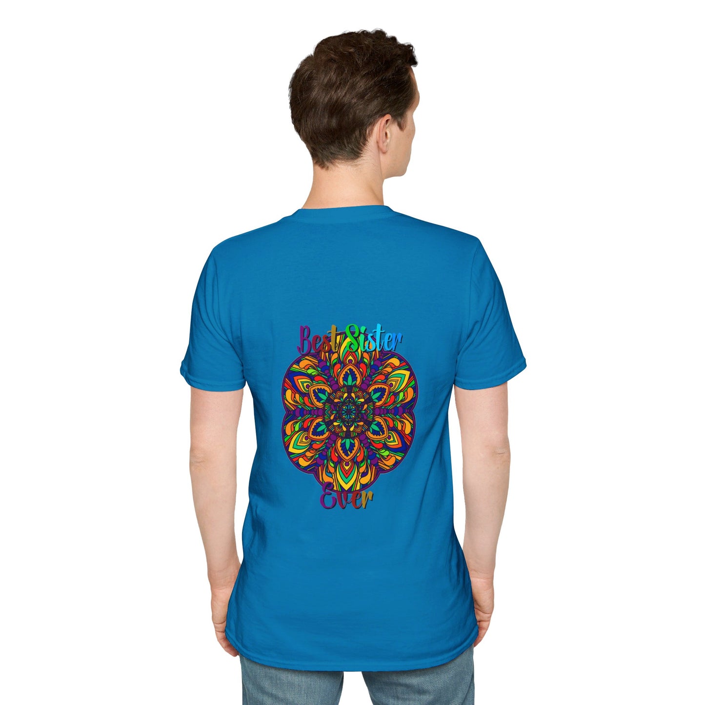 Beautiful hand-drawn mandala art design on softstyle unisex t-shirt, perfect gift for sister