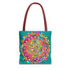 Colorful Mandala Art Tote Bag Acquamarine - Vibrant, handcrafted tote with intricate mandala design in shades of aquamarine and turquoise