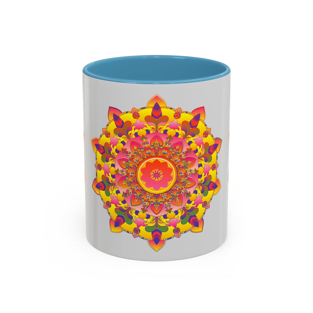 Colorful and intricate mandala art mug, perfect for sipping your favorite beverage and adding a pop of vibrant design to your kitchen or office space