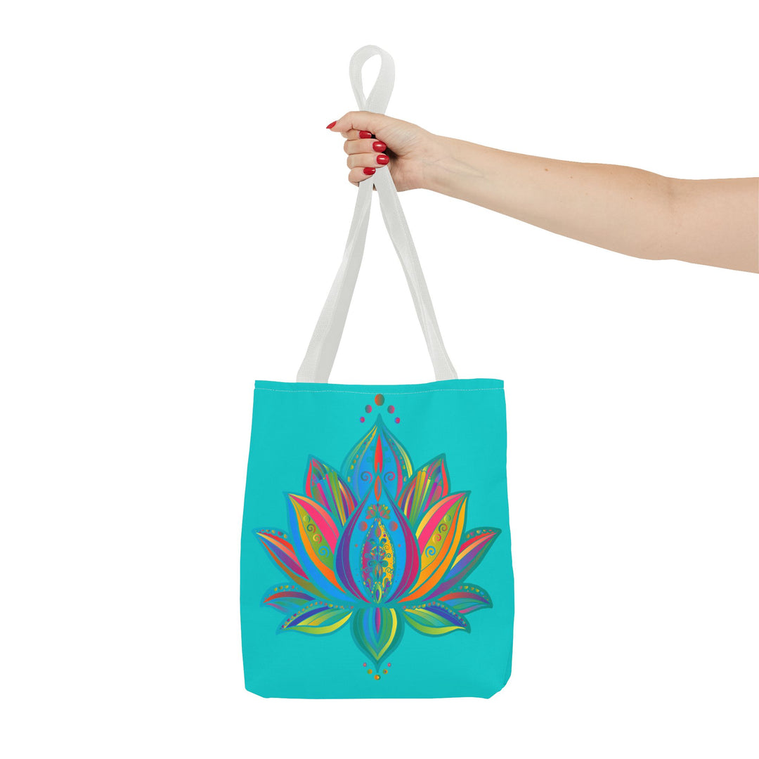 Beautiful azure blue Mandala Lotus Tote Bag with intricate floral design