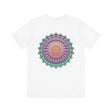 Beautiful white Mandala Tee featuring intricate geometric design for spiritual peace and harmony, perfect for yogis and spiritual seekers