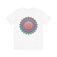 Beautiful white Mandala Tee featuring intricate geometric design for spiritual peace and harmony, perfect for yogis and spiritual seekers