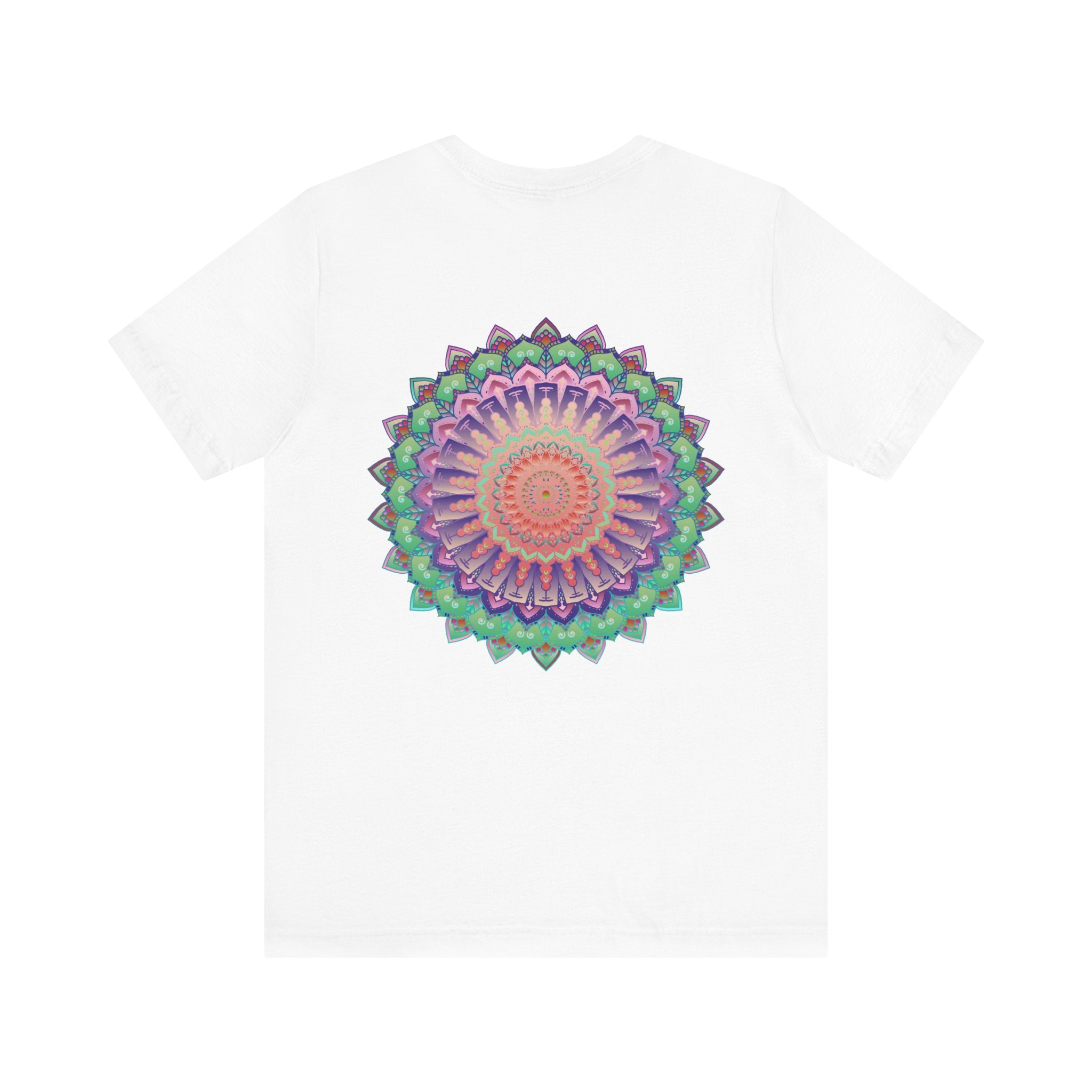 Beautiful white Mandala Tee featuring intricate geometric design for spiritual peace and harmony, perfect for yogis and spiritual seekers