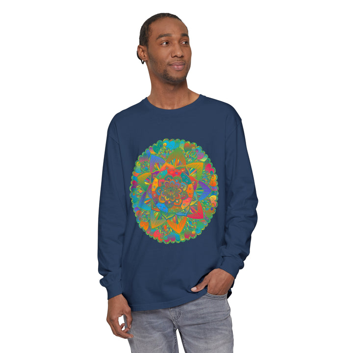 Colorful and intricate mandala design on a unisex long sleeve t-shirt