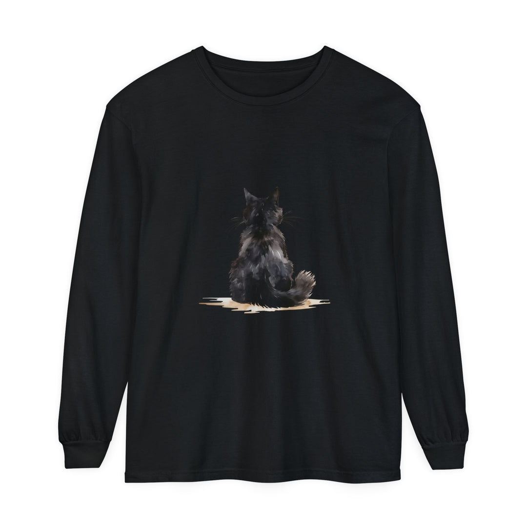 Black Cat Watercolor Unisex Long Sleeve T-Shirt showcasing vibrant watercolor artwork of a black cat on a comfortable, gender-neutral long sleeve tee