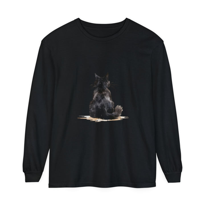 Black Cat Watercolor Unisex Long Sleeve T-Shirt showcasing vibrant watercolor artwork of a black cat on a comfortable, gender-neutral long sleeve tee