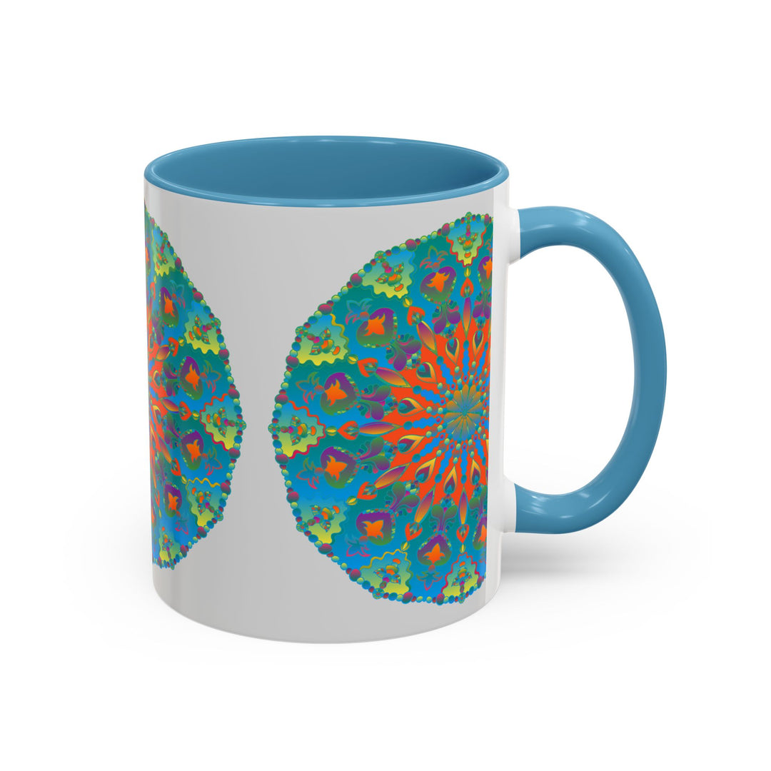 Beautiful ceramic mug with intricate mandala design in shades of blue and green