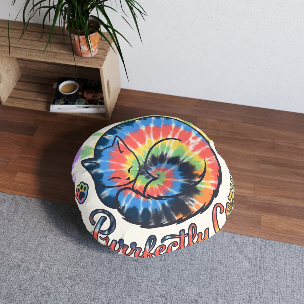 Purrfectly Cozy Cat Floor Pillow — Tie-Dye Round Cushion