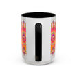 A beautiful mandala art mug with vibrant colors against a grey background