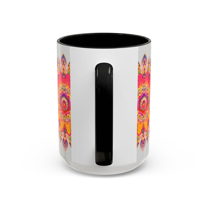 A beautiful mandala art mug with vibrant colors against a grey background