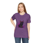 Schwarzes Katzenrätsel – Lila Farbspritzer-T-Shirt