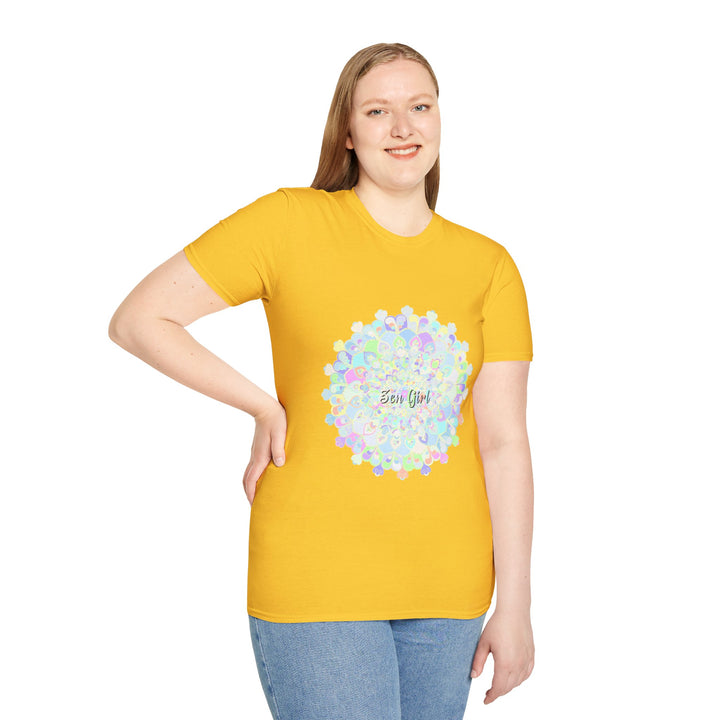 Colorful mandala t-shirt with a unique and intricate design featuring vibrant patterns and intricate details