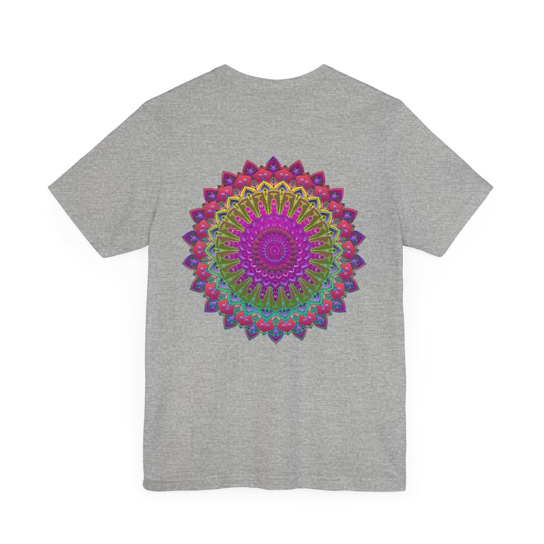 A beautiful and colorful Mandala Tee with intricate patterns promoting spiritual peace and harmony in vibrant shades of blue, green, and purple