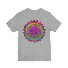 A beautiful and colorful Mandala Tee with intricate patterns promoting spiritual peace and harmony in vibrant shades of blue, green, and purple