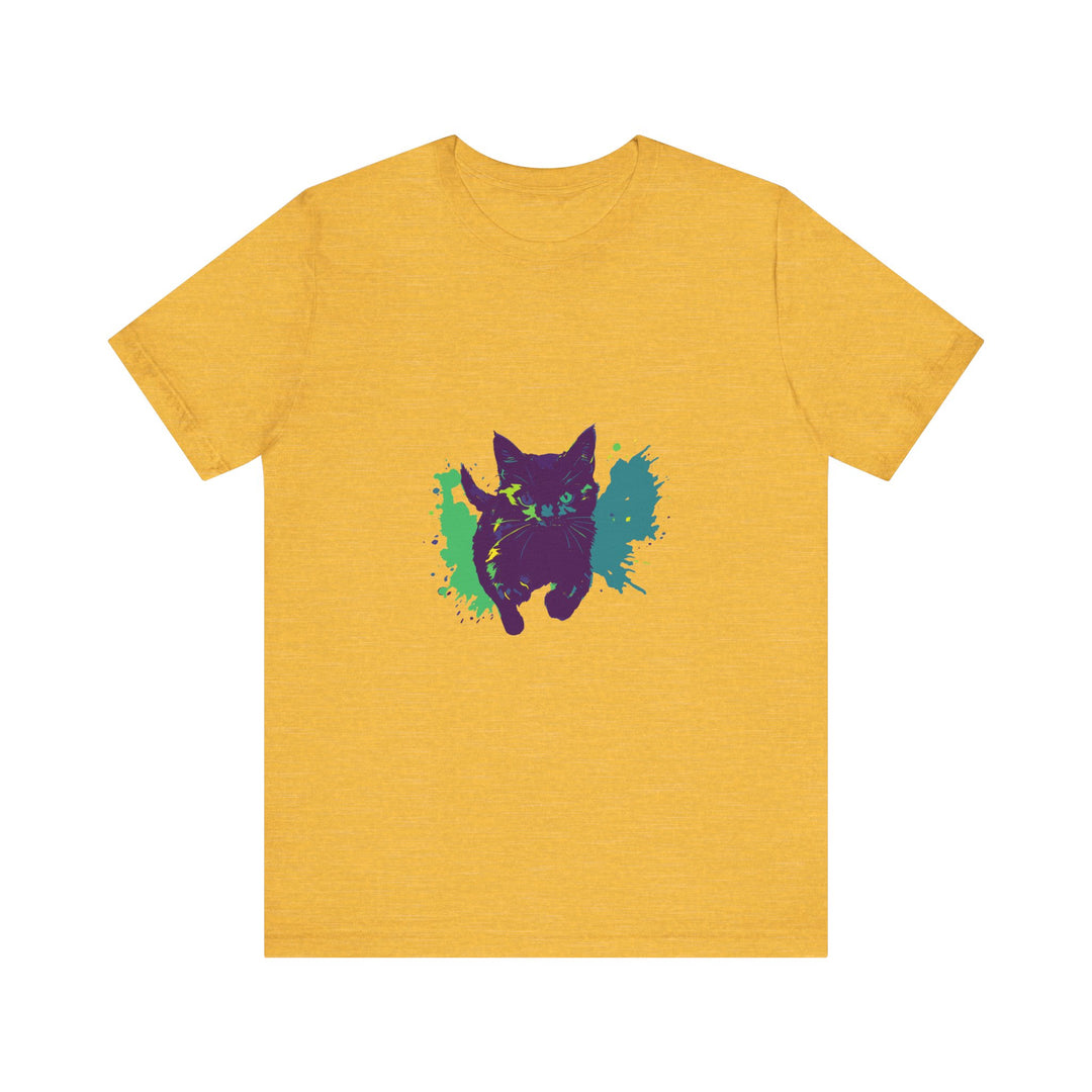 A vibrant and eye-catching Black Cat Mystery - Colorful Splash T-Shirt, perfect for adding a pop of color to any outfit