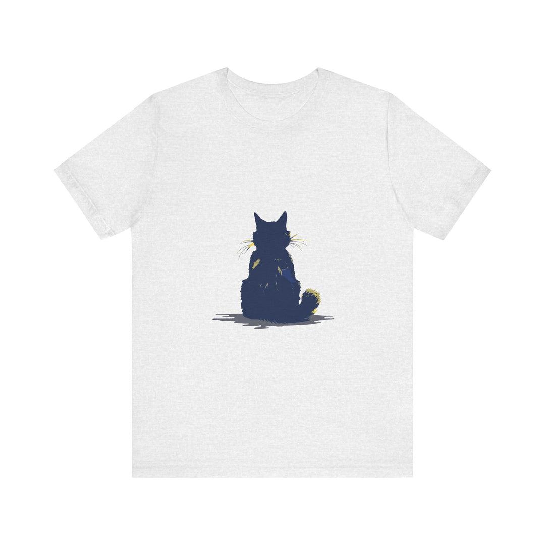 A stylish and simple black t-shirt with a mysterious black cat design